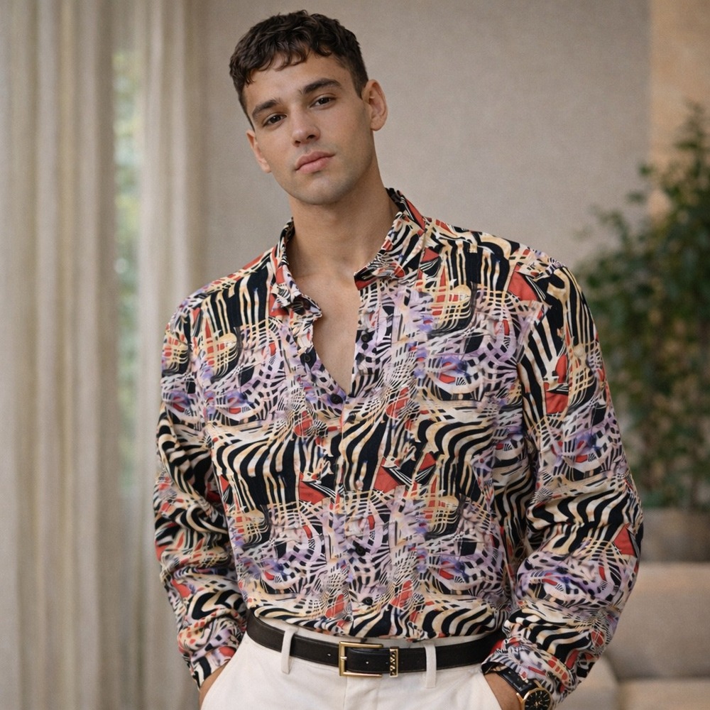 Y2K Abstract Print Button-Up Shirt | Statement‎ Night-Out Top (Men'sXL